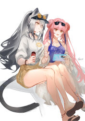 Rule 34 | 2girls, :d, absurdres, animal ears, arknights, bare legs, bare shoulders, camisole, cat ears, cat tail, cellphone, ceylon (arknights), ceylon (holiday) (arknights), commentary request, double bun, eyewear on head, grey eyes, grey hair, grey hoodie, hair bun, highres, holding, holding phone, hood, hoodie, long hair, multiple girls, open mouth, phone, ponytail, sandals, schwarz (arknights), shirix-xianyuxuan, simple background, sitting, sleeveless, smartphone, smile, spaghetti strap, sunglasses, tail, thighs, very long hair, white background