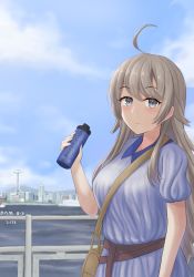 Rule 34 | 1girl, ahoge, artist name, blue dress, blue sky, bottle, cityscape, cloud, dated, day, dress, grey eyes, grey hair, highres, kantai collection, long hair, looking at viewer, nnm, official alternate costume, outdoors, sky, solo, upper body, washington (kancolle)