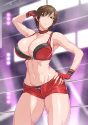 Rule 34 | 1girl, abs, armpits, artist request, bra, breasts, cleavage, fingerless gloves, gloves, hand on own hip, highres, hinomoto reiko, konami, large breasts, model pose, rumble roses, short hair, shorts, solo, standing, tagme, underwear