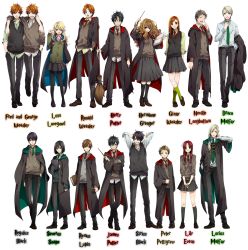 Rule 34 | 4girls, 6+boys, aged down, animification, belt, black hair, black legwear, blonde hair, blue eyes, blush, book, broom, brown eyes, brown hair, buttons, candy, cape, crossed arms, draco malfoy, earrings, everyone, food, fred weasley, full body, george weasley, ginny weasley, glasses, green eyes, green legwear, hair ribbon, hands in pockets, harry potter, harry potter (series), hermione granger, highres, hogwarts school uniform, james potter, jewelry, lily evans, loafers, long hair, lucius malfoy, luna lovegood, mary janes, multiple boys, multiple girls, nakagawa waka, necklace, necktie, neville longbottom, open mouth, orange hair, pants, pantyhose, peter pettigrew, pleated skirt, ponytail, red eyes, red hair, regulus arcturus black, regulus black, remus lupin, ribbon, robe, ron weasley, scar, scar on face, scar on forehead, school uniform, severus snape, shoes, short hair, siblings, sirius black, skirt, smile, smirk, standing, sweatdrop, sweater, sweater vest, twins, wand, wizarding world