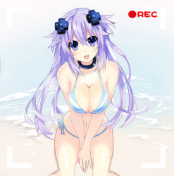 Rule 34 | 1girl, :p, adult neptune, between legs, bikini, black choker, blush, breasts, breasts squeezed together, buruberisande, choker, cleavage, commentary request, d-pad, d-pad hair ornament, hair between eyes, hair ornament, halterneck, hand between legs, large breasts, long hair, navel, neptune (series), outdoors, purple eyes, purple hair, recording, shin jigen game neptune vii, smile, solo, string bikini, striped bikini, striped clothes, swimsuit, tongue, tongue out, very long hair