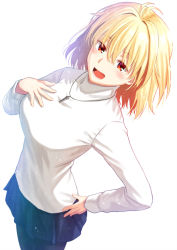 Rule 34 | 1girl, :d, arcueid brunestud, black pantyhose, black skirt, blonde hair, blush, breasts, cowboy shot, floating hair, hair between eyes, hand on own hip, hand on own chest, huge breasts, jewelry, long hair, long sleeves, looking at viewer, miniskirt, mizunashi hayate, necklace, open mouth, pantyhose, pleated skirt, red eyes, simple background, skirt, smile, solo, standing, straight hair, sweater, tsukihime, white background, white sweater