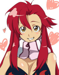 Rule 34 | 00s, 1girl, alternate hairstyle, bikini, blush, bra, breasts, cleavage, hair down, heart, large breasts, lingerie, long hair, looking at viewer, nana g, red hair, scarf, smile, solo, striped clothes, striped scarf, swimsuit, tengen toppa gurren lagann, underwear, upper body, yellow eyes, yoko littner