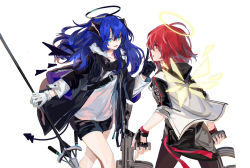 Rule 34 | 2girls, absurdres, arknights, assault rifle, asymmetrical gloves, black gloves, black jacket, black shorts, blue eyes, blue hair, blush, demon horns, demon tail, detached wings, energy wings, exusiai (arknights), fur-trimmed jacket, fur trim, gloves, gun, halo, highres, holding, holding gun, holding staff, holding weapon, hood, hooded jacket, horns, index finger raised, jacket, long sleeves, looking at another, medium hair, mismatched gloves, mostima (arknights), multiple girls, red eyes, red hair, rifle, shirt, short hair, shorts, simple background, smile, sparkle, staff, straight hair, strap, tail, tiannanyouhongsihuozhu, turtleneck, upper body, weapon, white background, white gloves, white jacket, wings