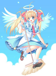 Rule 34 | 1girl, angel, bad anatomy, blonde hair, blue eyes, broom, broom riding, cloud, maid, mop, sky, solo, wings