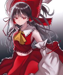 Rule 34 | 1girl, arm up, ascot, bow, brown hair, collarbone, commentary, cowboy shot, detached sleeves, frilled bow, frilled hair tubes, frilled shirt collar, frills, gradient background, hair bow, hair tubes, hakurei reimu, highres, long hair, looking at viewer, midriff, mina0706, navel, parted lips, red bow, red eyes, red ribbon, red skirt, red vest, ribbon, ribbon-trimmed sleeves, ribbon trim, sidelocks, simple background, skirt, skirt set, solo, touhou, vest, white sleeves, wide sleeves, yellow ascot