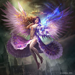 Rule 34 | 1girl, bahamut crisis, bracelet, brown hair, castle, circlet, cloud, dark clouds, dress, earrings, eselete, eudia (serenity2200), fantasy, full body, gem, grey sky, halo, hand in own hair, high heels, jewelry, long hair, looking at viewer, magic, midriff, navel, official art, outdoors, outstretched hand, peacock feathers, purple dress, red gemstone, sky, solo, sparkle, thighhighs, white thighhighs, wings
