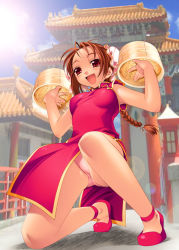 Rule 34 | 1girl, :d, bamboo steamer, braid, brown hair, bun cover, china dress, chinese clothes, day, dorsiflexion, double bun, dress, food, hair bun, hiyohiyo, lens flare, on one knee, open mouth, panties, pantyshot, pink panties, red eyes, smile, solo, sun, underwear, wrists extended