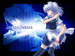 Rule 34 | 1girl, blue eyes, braid, character name, female focus, highres, izayoi sakuya, knife, maid, norun, short hair, silver hair, solo, thighhighs, throwing knife, touhou, twin braids, weapon, zoom layer