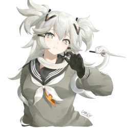 Rule 34 | + +, 1girl, absurdres, alchemy stars, artist name, black gloves, florine (alchemy stars), gloves, grey hair, grey shirt, hair or, highres, long hair, long sleeves, looking at viewer, neckerchief, open mouth, sailor, shirt, shuriken, simple background, snake, solo, two side up, van.elv, weapon, white background, white neckerchief