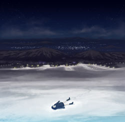 Rule 34 | 1girl, bad id, bad pixiv id, black hair, city, city lights, cloud, footprints, from above, horizon, landscape, long hair, lying, mountain, mountainous horizon, night, night sky, on back, on ground, original, scenery, shiira, sky, sleeves past wrists, snow, solo, star (sky), starry sky, winter, winter clothes