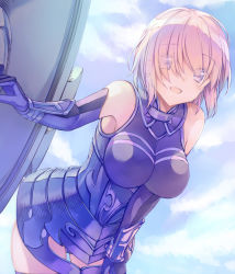 Rule 34 | 1girl, :d, armor, armored dress, breasts, cowboy shot, elbow gloves, fate/grand order, fate (series), female focus, gloves, hair over one eye, holding, holding shield, impossible clothes, large breasts, leaning forward, light purple hair, looking at viewer, mash kyrielight, open mouth, pink hair, purple eyes, purple gloves, purple thighhighs, saijou haruki, shield, short hair, smile, solo, tareme, thighhighs, thighs