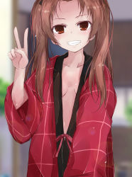 Rule 34 | 10s, 1girl, breasts, brown eyes, brown hair, cleavage, collarbone, girls und panzer, grin, hanten (clothes), kadotani anzu, long hair, long sleeves, looking at viewer, parted bangs, small breasts, smile, solo, twintails, upper body, v, wide sleeves, yumesato makura