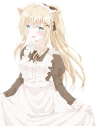 Rule 34 | 1girl, animal ears, apron, blonde hair, blue eyes, blush, cat ears, commission, hair ribbon, highres, hiro (hirohiro31), long hair, long sleeves, looking at viewer, maid, maid headdress, open mouth, original, ponytail, puffy long sleeves, puffy sleeves, ribbon, skeb commission, solo, white background
