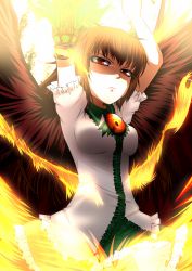 Rule 34 | 1girl, arm cannon, arms up, breasts, brown hair, byoubyou, female focus, highres, long hair, red eyes, reiuji utsuho, serious, skirt, solo, symbol-shaped pupils, touhou, weapon, wings