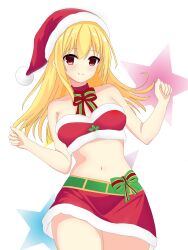 Rule 34 | 1girl, alternate costume, bare shoulders, belt, blonde hair, blush, bow, breasts, choker, christmas, closed mouth, commentary, cowboy shot, curvy, floating hair, fur-trimmed skirt, fur trim, green belt, hair between eyes, hair down, hamidashi creative, highres, izumi hiyori, long hair, looking at viewer, medium breasts, mixyoxyo, navel, red bow, red choker, red eyes, red skirt, santa costume, simple background, skirt, smile, solo, split mouth, standing, star (symbol), w arms, white background