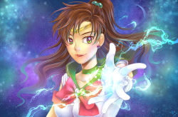 Rule 34 | 1girl, bishoujo senshi sailor moon, bow, brooch, brown hair, choker, circlet, dated, earrings, electricity, gloves, green eyes, hair bobbles, hair ornament, heart, heart brooch, high ponytail, itsariecha, jewelry, kino makoto, long hair, multicolored eyes, outstretched hand, parted lips, pink bow, sailor collar, sailor jupiter, signature, solo, stud earrings, super sailor jupiter, upper body, very long hair, white gloves