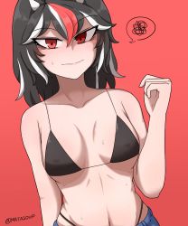 Rule 34 | 1girl, alternate costume, bikini, black bikini, black hair, blush, breasts, cleavage, closed mouth, collarbone, commentary, cone horns, english commentary, expressionless, highleg, highleg bikini, highres, horns, kijin seija, light blush, lips, looking at viewer, mata (matasoup), medium breasts, multicolored hair, navel, no shirt, red background, red eyes, red hair, short hair, shorts, simple background, solo, spoken squiggle, squiggle, streaked hair, swimsuit, touhou, upper body, white hair