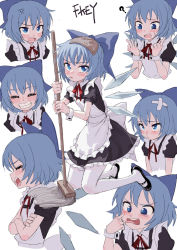 Rule 34 | 1girl, ?, akanbe, alternate costume, anger vein, apron, artist name, bandaid, black dress, blue bow, blue eyes, blue hair, blush, bow, cirno, counting, crossed arms, dress, enmaided, eyelid pull, fkey, full body, grin, hair bow, highres, ice, ice wings, looking at viewer, maid, maid apron, mary janes, mop, multiple views, neck ribbon, open mouth, puffy short sleeves, puffy sleeves, red ribbon, ribbon, shoes, short hair, short sleeves, smile, tearing up, tears, thighs, tongue, tongue out, touhou, wings, wrist cuffs