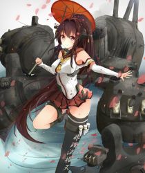 Rule 34 | 10s, 1girl, anchor, black socks, blush, breasts, brown eyes, brown hair, cherry blossoms, detached sleeves, flower, hair flower, hair ornament, headgear, highres, holding, holding umbrella, jenson tw, kantai collection, kneehighs, large breasts, leg up, long hair, looking at viewer, machinery, miniskirt, oil-paper umbrella, petals, pleated skirt, ponytail, red skirt, rope, single thighhigh, skirt, smile, socks, solo, standing, standing on one leg, thighhighs, umbrella, very long hair, water, weapon, yamato (kancolle), zettai ryouiki