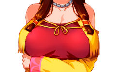 Rule 34 | 10s, 1girl, bare shoulders, breast focus, breast hold, breasts, brown hair, cleavage, close-up, detached sleeves, dress, head out of frame, jewelry, large breasts, necklace, oppaishikakakanai, red dress, saaya (suisei no gargantia), solo, suisei no gargantia, twintails