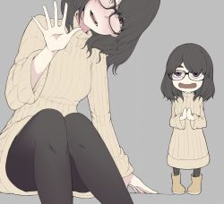 Rule 34 | 1girl, black-framed eyewear, black hair, black pantyhose, blush, boots, commentary request, dress, eyebrows hidden by hair, glasses, grey background, head out of frame, ina (gokihoihoi), jimiko, nose piercing, open mouth, original, out of frame, own hands together, pantyhose, piercing, purple eyes, simple background, sweater, sweater dress, waving
