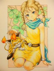 Rule 34 | bad id, bad pixiv id, bianca (dq5), blonde hair, blue eyes, blush, borongo, braid, cape, cat, dragon quest, dragon quest v, dress, earrings, jewelry, kami musume, sabertooth cat, smile, twin braids, twintails, aged down