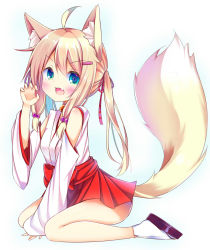 Rule 34 | &gt;:3, &gt;:d, 1girl, :3, :d, ahoge, animal ear fluff, animal ears, arm support, bell, between legs, blonde hair, blue eyes, blush, choker, claw pose, commentary request, detached sleeves, esureki, fang, fox ears, fox girl, fox tail, hair between eyes, hair bobbles, hair ornament, hair ribbon, hairclip, hakama, hakama short skirt, hakama skirt, hand between legs, hand up, japanese clothes, jingle bell, long hair, long sleeves, looking at viewer, miko, neck bell, open mouth, original, purple ribbon, red hakama, ribbon, sandals, sidelocks, simple background, sitting, skirt, smile, solo, striped, striped ribbon, tabi, tail, tareme, twintails, v-shaped eyebrows, wariza, white background, white legwear, white sleeves, wide sleeves, zouri