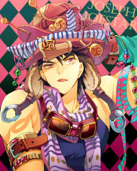Rule 34 | 1boy, abaraya, argyle, argyle background, argyle clothes, armband, armlet, bad id, bad pixiv id, bare shoulders, battle tendency, beads, beanie, belt, black hair, bomber hat, bracelet, character name, detached sleeves, earflap hat, fabulous, goggles, goggles around neck, hat, jewelry, jojo no kimyou na bouken, joseph joestar, joseph joestar (young), male focus, official alternate costume, pink eyes, purple eyes, ribbon, scarf, sleeveless, solo, stacked hats, striped clothes, striped scarf, sunglasses