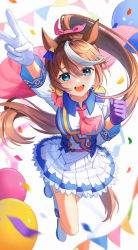 Rule 34 | animal ears, asymmetrical gloves, blue eyes, boots, breasts, brown hair, buttons, confetti, double-breasted, from above, full body, gloves, highres, horse ears, horse girl, horse tail, long hair, looking at viewer, medium breasts, miniskirt, mismatched gloves, multicolored hair, open mouth, pleated skirt, ponytail, pumpkinnn, school uniform, simple background, skirt, smile, streaked hair, swept bangs, tail, tareme, tokai teio (umamusume), umamusume, v, very long hair