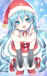 Rule 34 | 1girl, all fours, aqua eyes, aqua hair, collar, elbow gloves, gloves, hat, hatsune miku, head tilt, headset, long hair, looking at viewer, mittens, open mouth, red mittens, ro (igris-geo), santa costume, santa hat, skirt, solo, thighhighs, twintails, very long hair, vocaloid, wings