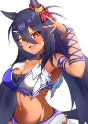 Rule 34 | 1girl, absurdres, animal ears, arm up, armpits, black hair, blue shirt, blush, breasts, cleavage, commentary request, ear ornament, eve on k, fang, hair between eyes, highres, hishi amazon (umamusume), horse ears, horse girl, horse tail, large breasts, long hair, looking at viewer, midriff, navel, open mouth, red eyes, shirt, simple background, smile, solo, tail, two-tone shirt, umamusume, upper body, very long hair, white background, white shirt