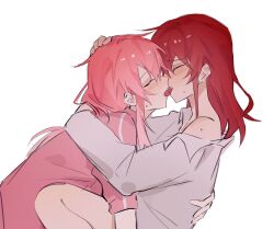 Rule 34 | 2girls, blush, bocchi the rock!, closed eyes, commentary, couple, french kiss, gotoh hitori, hand on another&#039;s back, hand on another&#039;s head, highres, kiss, kita ikuyo, long hair, multiple girls, off shoulder, pink hair, pink track suit, portrait, red hair, shiba257, shirt, simple background, sweat, symbol-only commentary, white background, white shirt