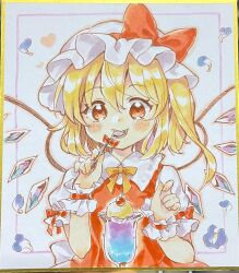 Rule 34 | 1girl, blonde hair, blush, bow, bowtie, crystal, eating, flandre scarlet, flat chest, hair between eyes, hands up, hat, hat bow, highres, holding, holding spoon, looking down, medium hair, mimi (mimi puru), mob cap, one side up, parfait, petals, puffy short sleeves, puffy sleeves, red bow, red eyes, red vest, short sleeves, smile, solo, spoon, spoon bow, touhou, traditional media, upper body, utensil in mouth, vest, wings, wrist cuffs, yellow bow, yellow bowtie