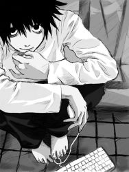 Rule 34 | 00s, 1boy, bags under eyes, black eyes, black hair, computer, death note, greyscale, keyboard, keyboard (computer), l (death note), male focus, monochrome, mouse (computer), short hair, smile, solo, squatting, toes