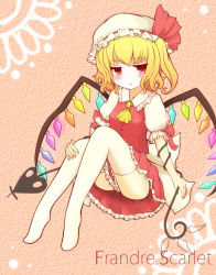 Rule 34 | 1girl, :t, ascot, blonde hair, blush, character name, crystal, fingernails, flandre scarlet, full body, half-closed eyes, hat, highres, holding, holding polearm, holding weapon, laevatein (touhou), looking at viewer, pink background, polearm, red eyes, shiro tsugumi, side ponytail, simple background, sitting, skirt, solo, thighhighs, touhou, weapon, white thighhighs, wings