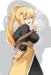Rule 34 | 1girl, :d, ^ ^, arms behind back, aroused, bdsm, blonde hair, blush, bondage, bound, breasts, closed eyes, commentary request, cowboy shot, darkness (konosuba), from side, grey background, hair between eyes, hair ornament, heavy breathing, highres, kono subarashii sekai ni shukufuku wo!, large breasts, long hair, mame1645, open mouth, ponytail, simple background, sketch, smile, solo, standing, sweat, very long hair, visible air, x hair ornament