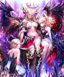 Rule 34 | 3girls, armored boots, backless outfit, black wings, blonde hair, blue eyes, boots, breasts, cleavage, closed mouth, dress, feathered wings, hair between eyes, head tilt, irua, large breasts, long hair, looking at viewer, midriff, miniskirt, multiple girls, navel, red eyes, red skirt, shingeki no bahamut, short dress, short hair, shoulder blades, sitting, skirt, sleeveless, sleeveless dress, small breasts, smile, stomach, very long hair, wings, yellow eyes