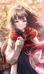 Rule 34 | 1girl, absurdres, bad id, bad pixiv id, beige coat, black dress, blurry, blurry background, blush, bokeh, brown eyes, brown hair, christmas, closed mouth, coat, crying, crying with eyes open, dasha, depth of field, dress, floating hair, hair ornament, hairclip, hand in pocket, highres, huge filesize, idolmaster, idolmaster cinderella girls, long hair, looking at viewer, plaid, plaid scarf, red scarf, scarf, shawl, shimamura uzuki, smile, solo, tears, upper body