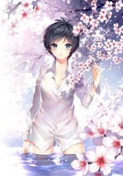 Rule 34 | 1girl, black hair, blue eyes, blurry, blush, bottomless, breasts, cherry blossoms, cleavage, collared shirt, cowboy shot, depth of field, flower, hair intakes, in water, kono koi to sono mirai, looking at viewer, nardack, oda mirai, official art, open mouth, petals, petals on liquid, shirt, short hair, solo, standing, wading, water, wet, wet hair