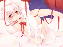 Rule 34 | 1girl, :&lt;, animal ears, bed, blush, breasts, covering privates, covering breasts, female focus, guratan (guratan18), inubashiri momiji, legs up, looking at viewer, lying, no headwear, no headwear, no shoes, on back, on bed, panties, panties only, pillow, pink hair, red eyes, ribbon, short hair, side-tie panties, single thighhigh, solo, tail, thighhighs, topless, touhou, underwear, underwear only, white hair, white panties, white thighhighs, wolf ears, wolf tail