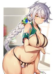 Rule 34 | 1girl, asymmetrical hair, bad id, bad pixiv id, bare shoulders, between breasts, blush, bra, braid, braided ponytail, breasts, closed mouth, clothing cutout, collarbone, commentary request, cowboy shot, cupless bra, curtains, curvy, hair between eyes, indoors, jitome, kantai collection, large breasts, long hair, looking at viewer, navel, pokoten (pokoten718), shoulder cutout, silver hair, single braid, skindentation, solo, standing, stomach, thighs, torn clothes, underwear, unryuu (kancolle), very long hair, wavy hair, wide hips, window, yellow eyes