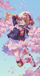 Rule 34 | 1girl, :d, arm behind head, arm guards, backpack, bag, beads, beret, blue jacket, blue sky, branch, brown hair, cardcaptor sakura, cherry blossoms, chinese commentary, clear sky, commentary request, day, elbow pads, falling petals, flower, from side, full body, green eyes, hair beads, hair intakes, hair ornament, hat, hei yu, highres, holding strap, jacket, jumping, kero (cardcaptor sakura), kinomoto sakura, knee pads, looking at viewer, midair, neckerchief, open mouth, outdoors, petals, roller skates, sailor collar, school uniform, short hair, short twintails, skates, skirt, sky, smile, solo, twintails, white hat, white neckerchief, white skirt
