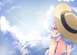 Rule 34 | 1girl, blue sky, casual, cloud, cloudy sky, day, from behind, hat, long hair, looking afar, matoi (pso2), milkpanda, phantasy star, phantasy star online 2, red eyes, sky, solo, spaghetti strap, straw hat, sunrise, twintails, white hair, wind