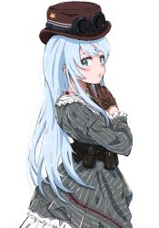 Rule 34 | 1girl, alternate costume, blue eyes, blue hair, brown gloves, brown headwear, commentary request, cowboy shot, dress, frilled dress, frills, gloves, goggles, goggles on head, grey dress, hibiki (kancolle), highres, kantai collection, ld (luna dial398), light blue hair, long hair, looking at viewer, one-hour drawing challenge, simple background, solo, striped clothes, striped dress, white background