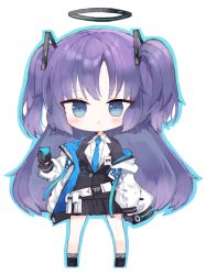 Rule 34 | 1girl, :&lt;, black footwear, black jacket, black skirt, blue archive, blue eyes, blue necktie, blue outline, blush, chibi, closed mouth, collared shirt, commentary request, full body, grey socks, halo, holding, jacket, kotatu (akaki01aoki00), long hair, long sleeves, looking at viewer, necktie, off shoulder, open clothes, open jacket, outline, pleated skirt, puffy long sleeves, puffy sleeves, purple hair, shirt, shoes, skirt, sleeves past wrists, socks, solo, standing, two side up, very long hair, white background, white jacket, white shirt, yuuka (blue archive)