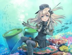 Rule 34 | 10s, 1girl, blonde hair, blue eyes, canister, garrison cap, hat, kantai collection, long hair, mugishima, puffy sleeves, solo, u-511 (kancolle), underwater, uniform