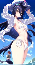 Rule 34 | 2girls, absurdres, agnes tachyon (lunatic lab) (umamusume), agnes tachyon (umamusume), ahoge, animal ears, arms up, bikini, black hair, breasts, commentary request, day, earrings, front-tie bikini top, front-tie top, hair between eyes, hands on headwear, highres, horse ears, horse girl, horse tail, jewelry, long bangs, long hair, long sleeves, manhattan cafe (tobasuze hot summer!) (umamusume), manhattan cafe (umamusume), medium breasts, multicolored hair, multiple girls, nebusoku, open clothes, open shirt, outdoors, shirt, side-tie bikini bottom, single earring, solo focus, standing, streaked hair, swimsuit, tail, umamusume, wading, water, white bikini, white hair, white headwear, white shirt, yellow eyes