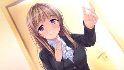 Rule 34 | 1girl, blush, breasts, brown hair, door, dutch angle, eyebrows, formal, game cg, hand on own chest, happy, indoors, large breasts, long hair, long sleeves, looking at viewer, original, purple eyes, sakura no mori dreamers, smile, solo, standing, striped, suit, sunlight, upper body, yamakaze ran