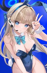 Rule 34 | 1girl, animal ears, blonde hair, blue archive, blue background, blue bow, blue bowtie, blue eyes, blue halo, blue leotard, blue nails, blush, bow, bowtie, braid, chocola vt, collarbone, covered navel, cowboy shot, detached collar, fake animal ears, fingernails, groin, halo, highres, leotard, long hair, nail polish, official alternate costume, parted lips, rabbit ears, simple background, solo, strapless, strapless leotard, toki (blue archive), toki (bunny) (blue archive), v, wrist cuffs
